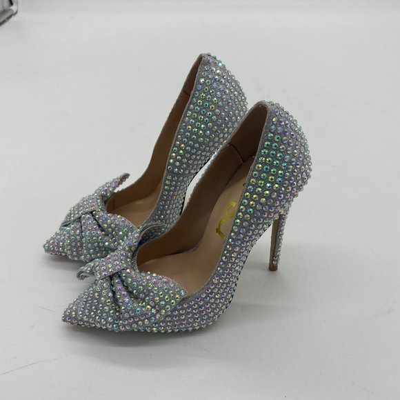 S FSJ Silver Pointed Toe Glitter Rhinestone High Heel Bowknot Wedding Pump - Picture 4 of 9